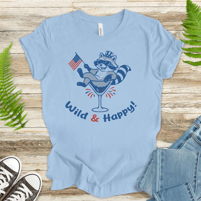 Wild & Happy Raccoon 4th of July T-Shirt – Funny Patriotic Animal Party Tee