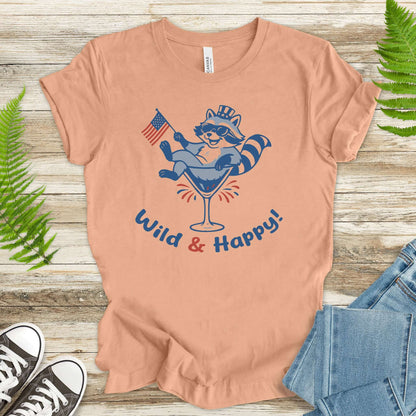 Wild & Happy Raccoon 4th of July T-Shirt – Funny Patriotic Animal Party Tee