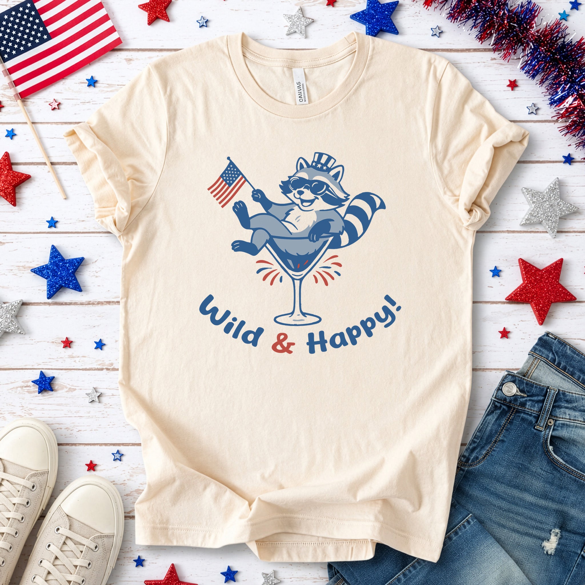 Wild & Happy Raccoon 4th of July T-Shirt – Funny Patriotic Animal Party Tee