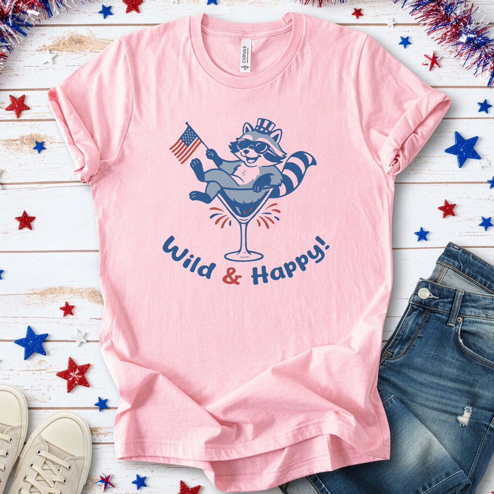 Wild & Happy Raccoon 4th of July T-Shirt – Funny Patriotic Animal Party Tee