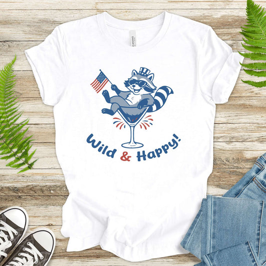 Wild & Happy Raccoon 4th of July T-Shirt – Funny Patriotic Animal Party Tee
