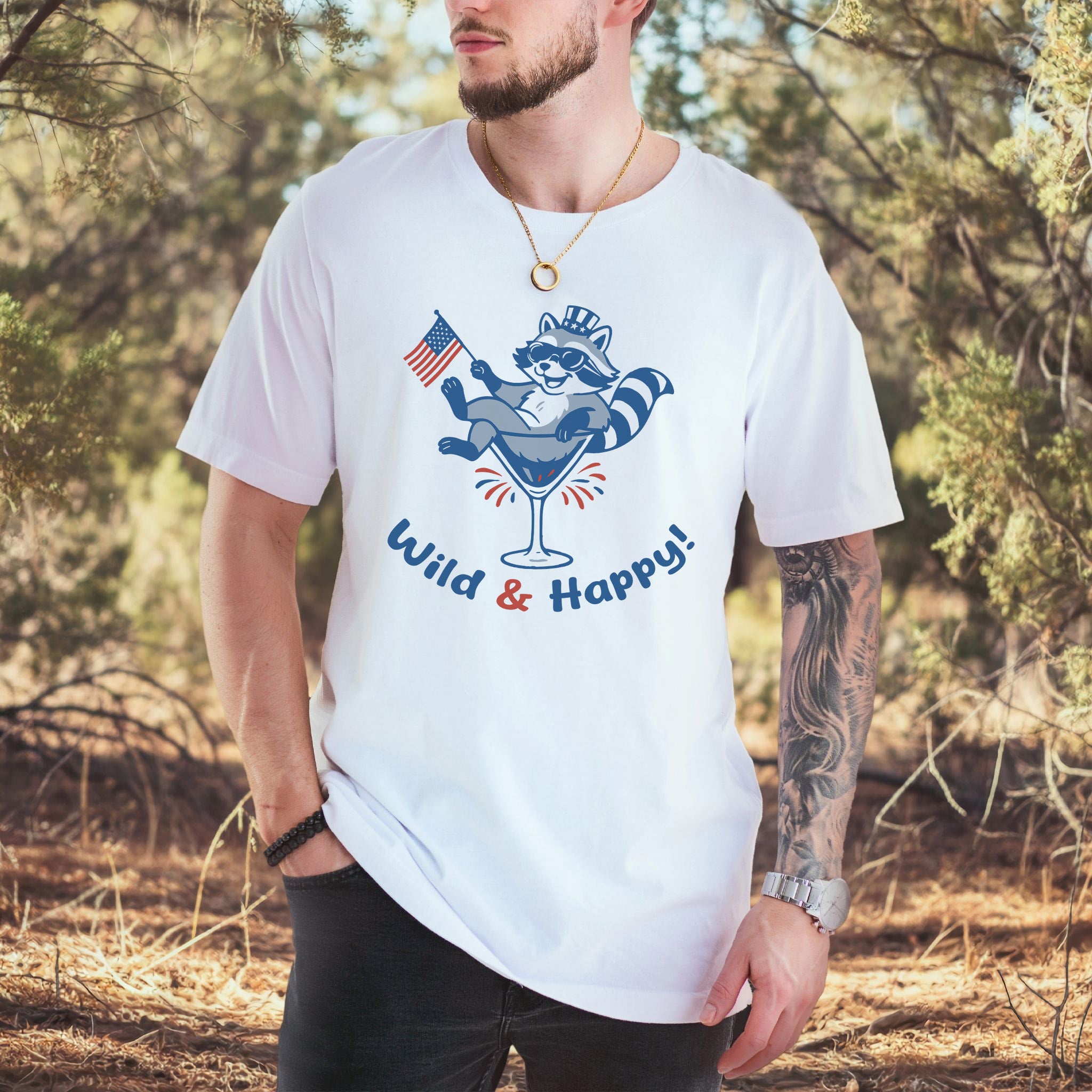 Wild & Happy Raccoon 4th of July T-Shirt – Funny Patriotic Animal Party Tee