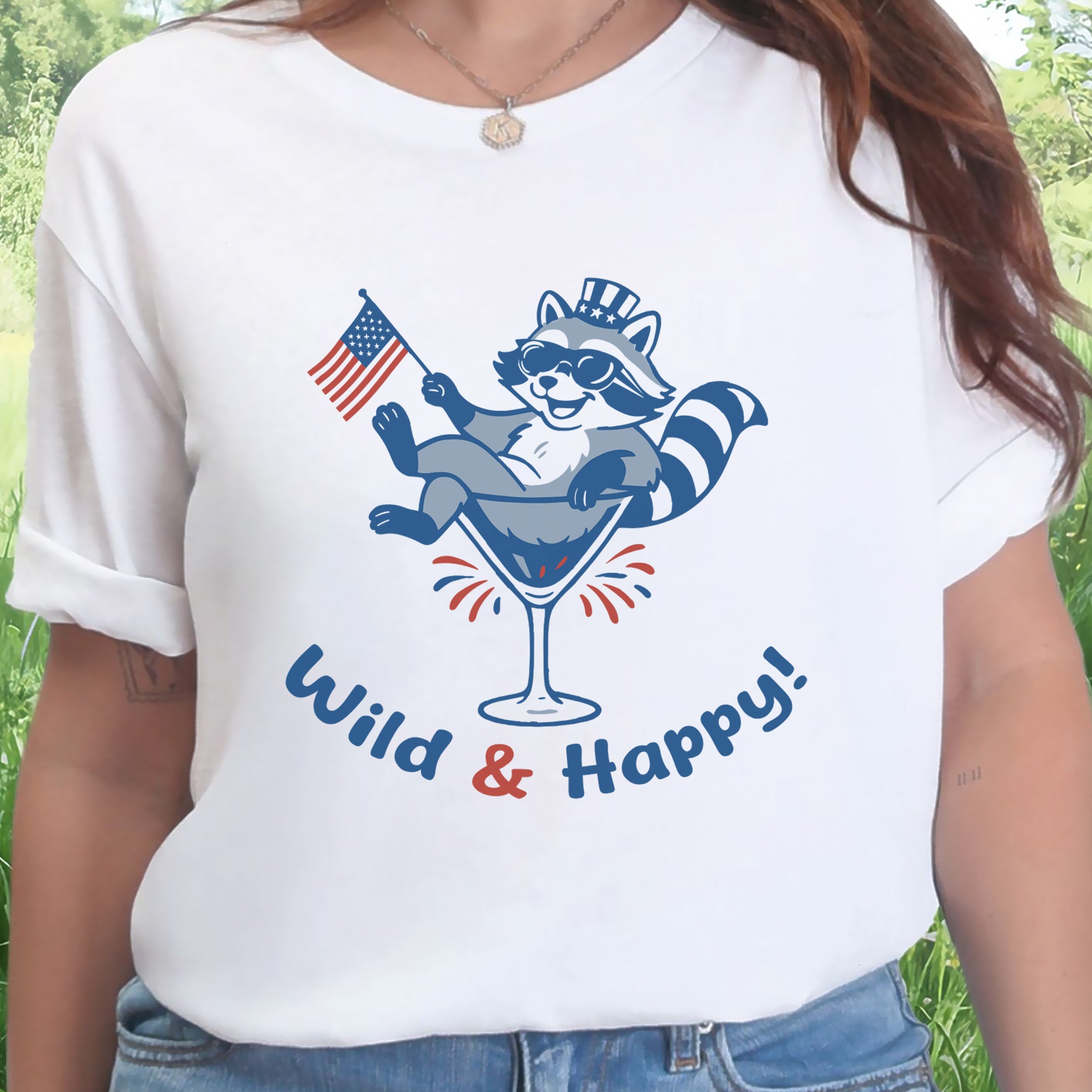 Wild & Happy Raccoon 4th of July T-Shirt – Funny Patriotic Animal Party Tee