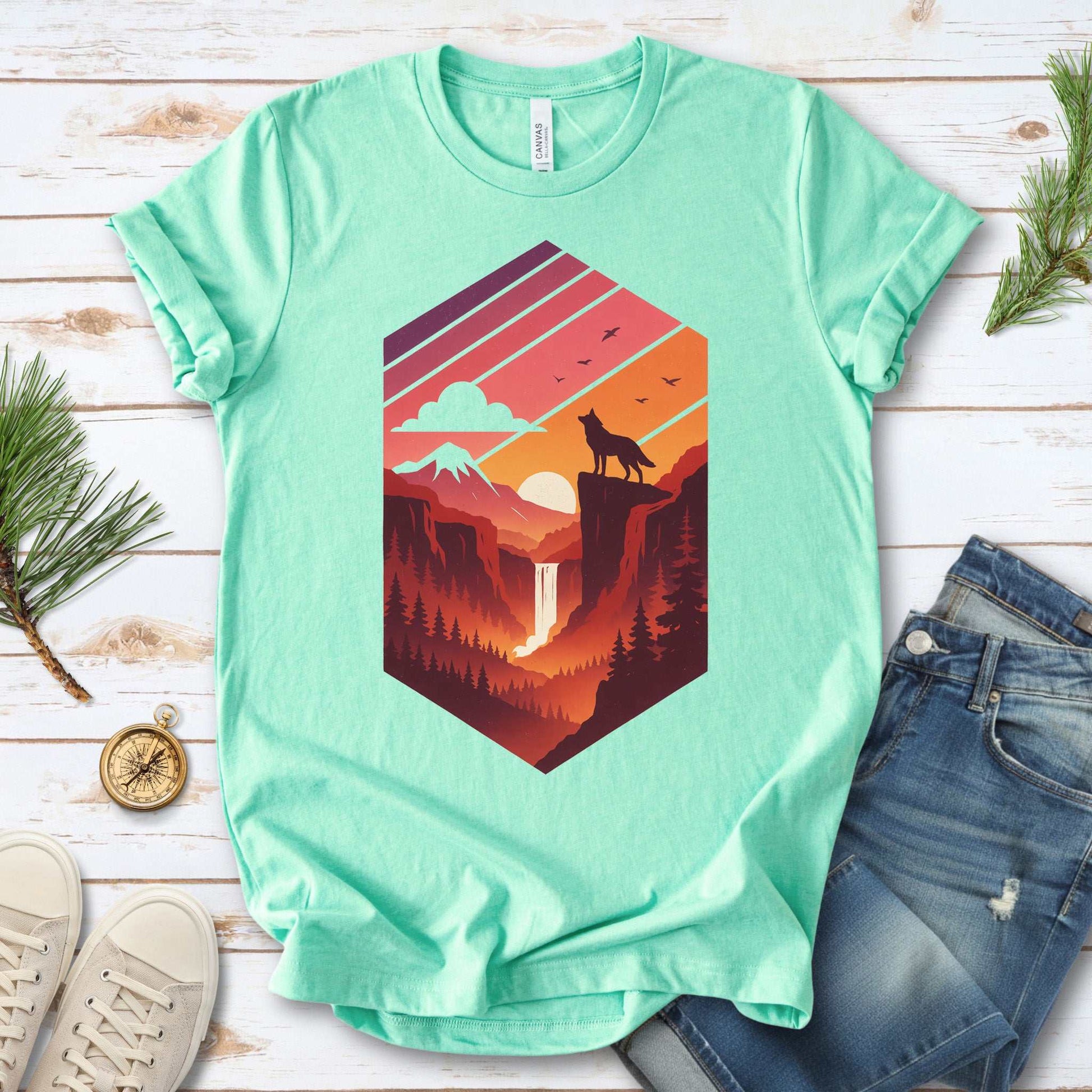Wolf Sunset T-Shirt – Retro Mountain Wilderness Spirit Tee