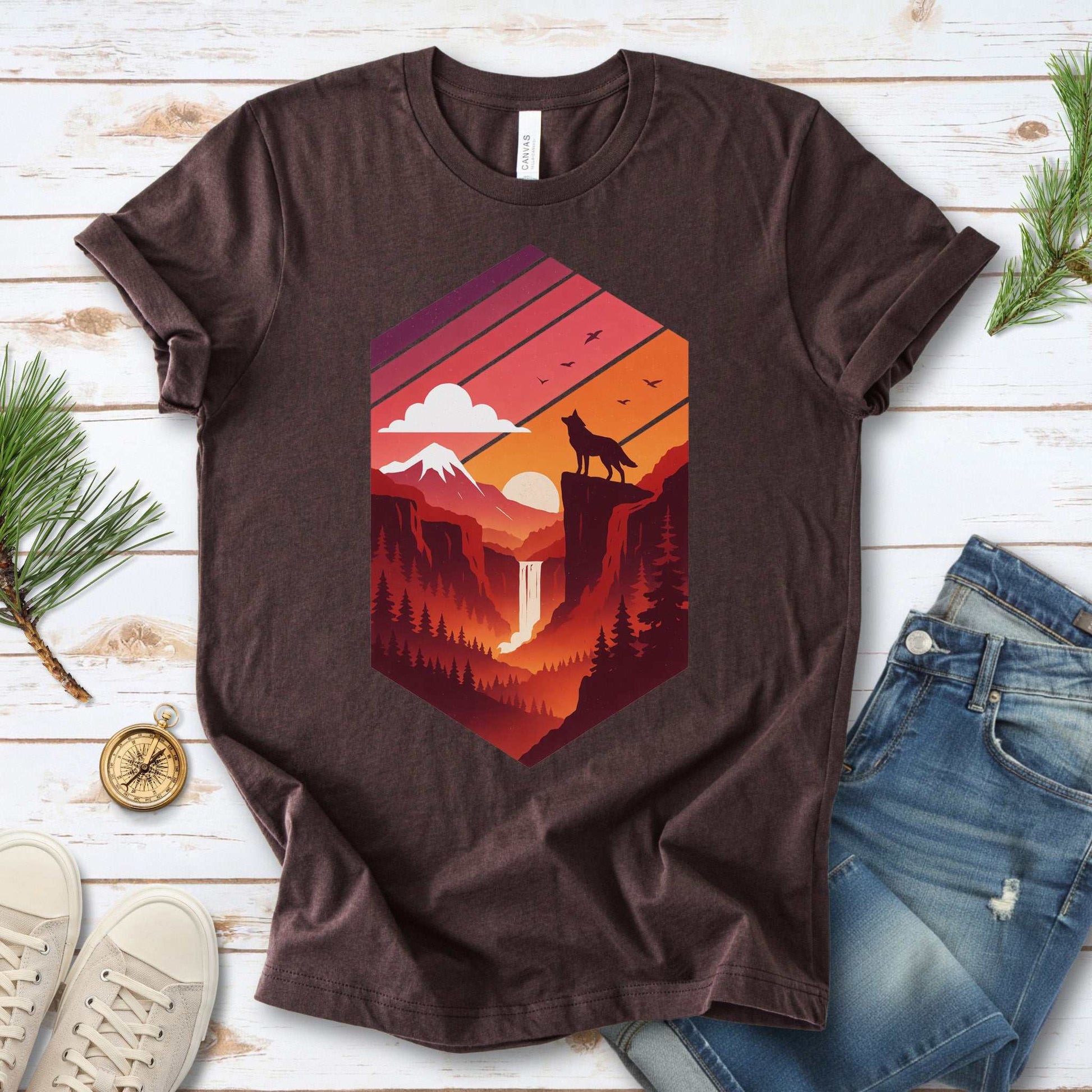 Wolf Sunset T-Shirt – Retro Mountain Wilderness Spirit Tee