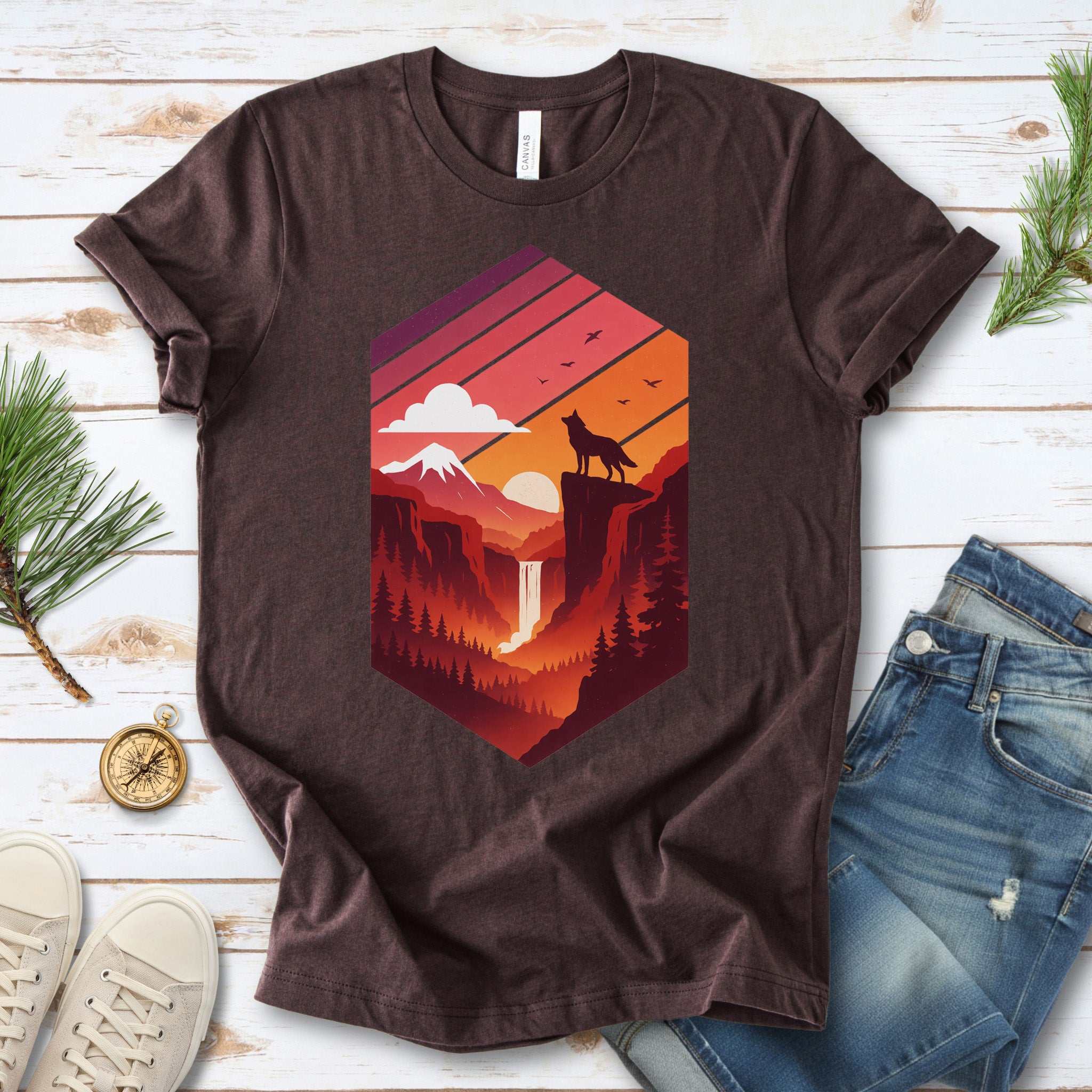 Wolf Sunset T-Shirt – Retro Mountain Wilderness Spirit Tee