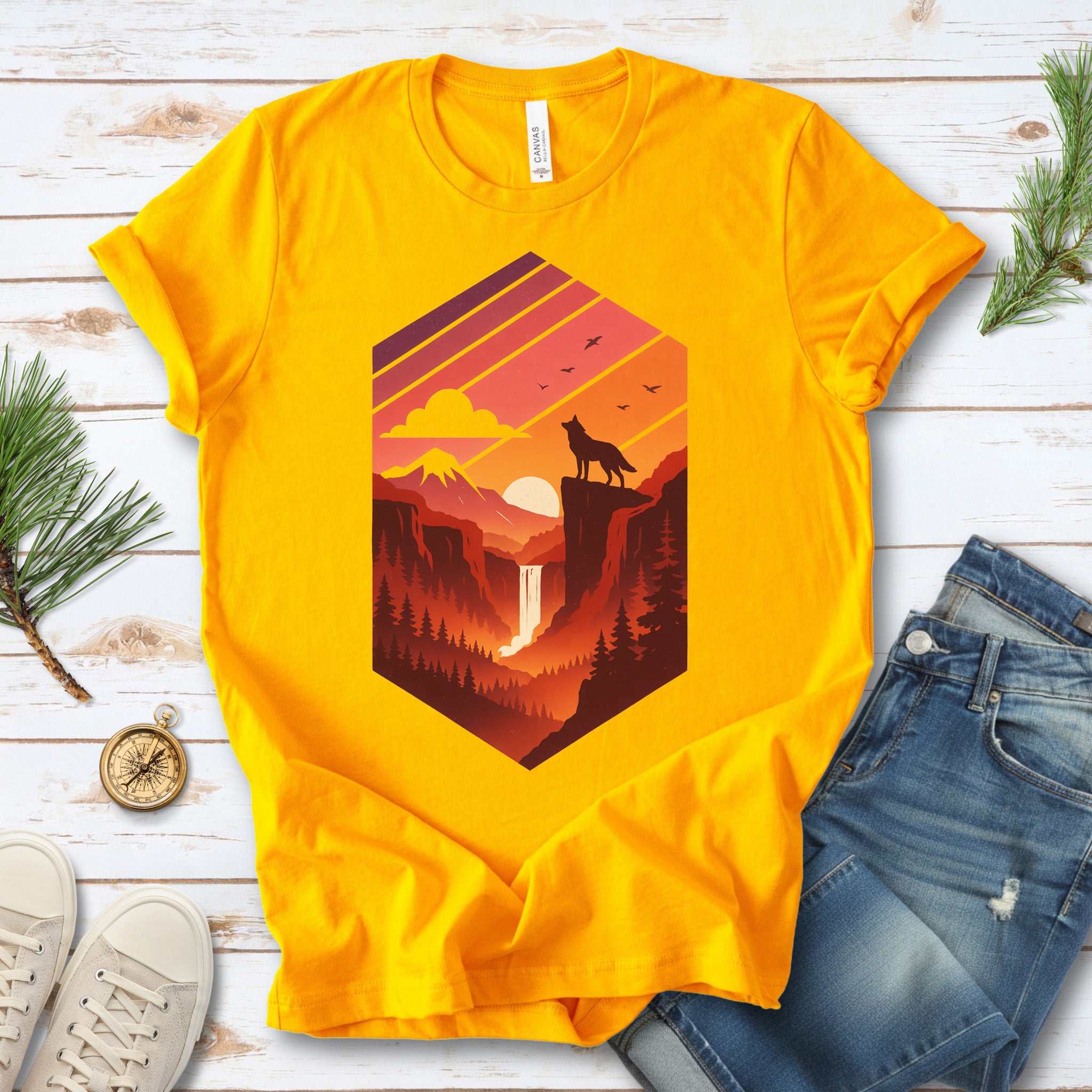 Wolf Sunset T-Shirt – Retro Mountain Wilderness Spirit Tee