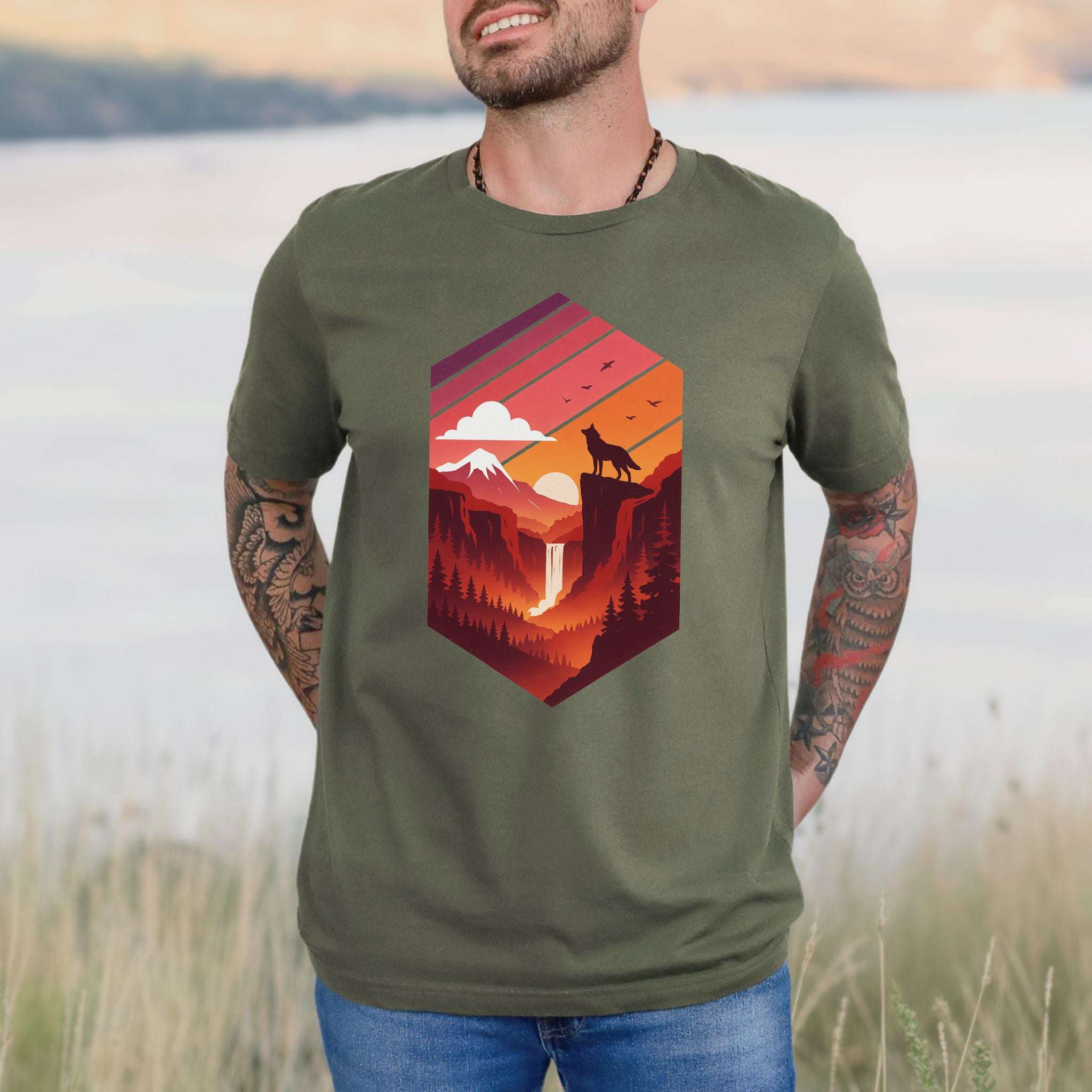Wolf Sunset T-Shirt – Retro Mountain Wilderness Spirit Tee