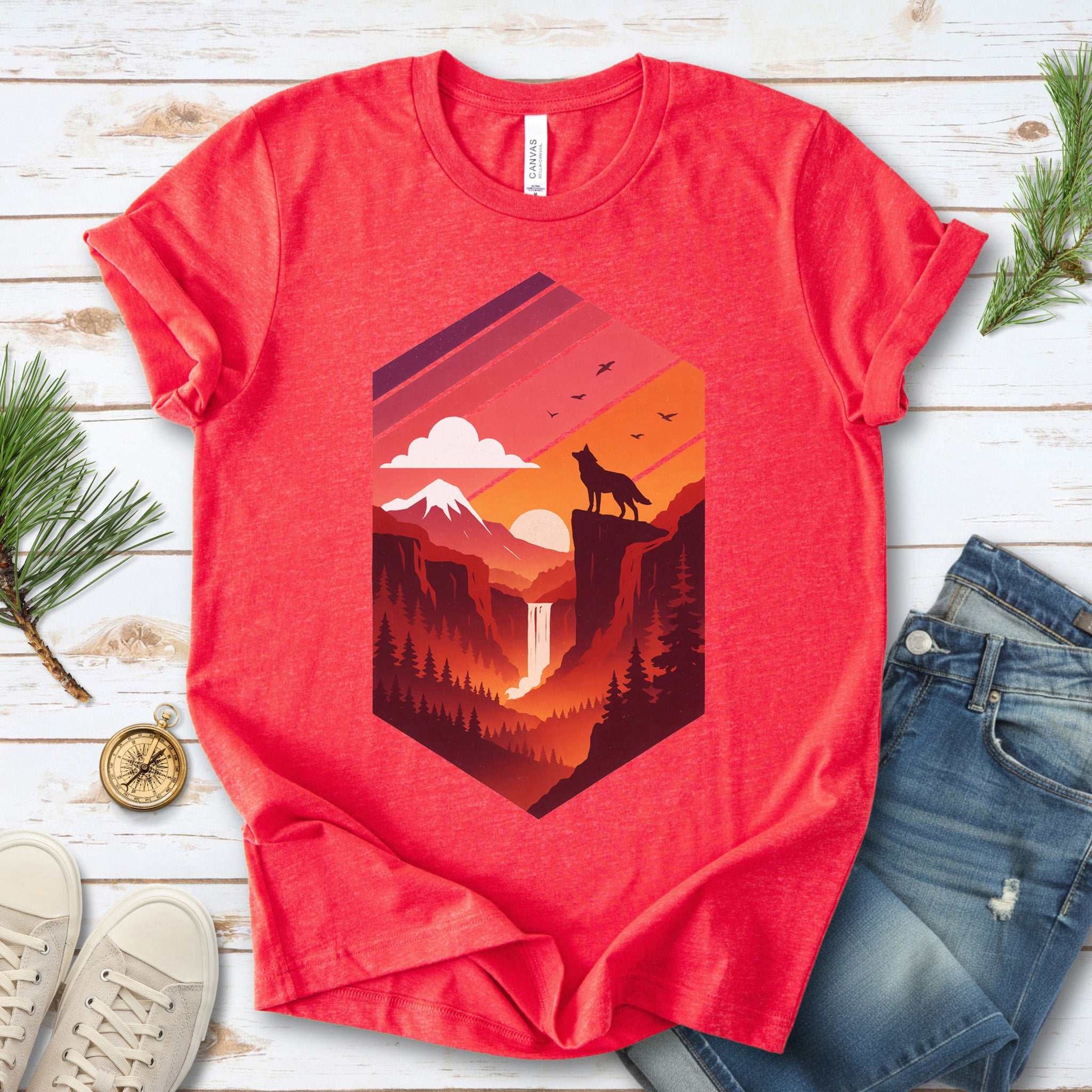 Wolf Sunset T-Shirt – Retro Mountain Wilderness Spirit Tee