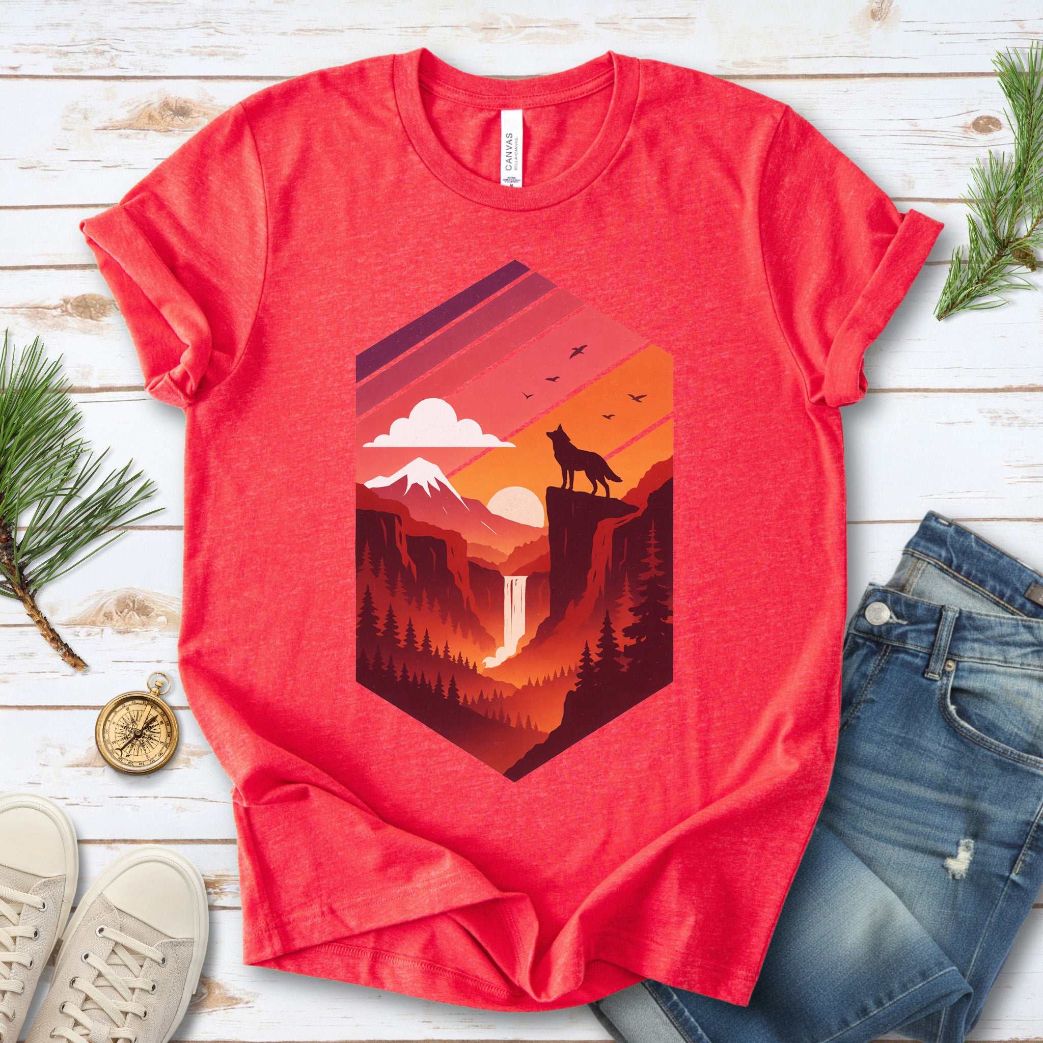Wolf Sunset T-Shirt – Retro Mountain Wilderness Spirit Tee