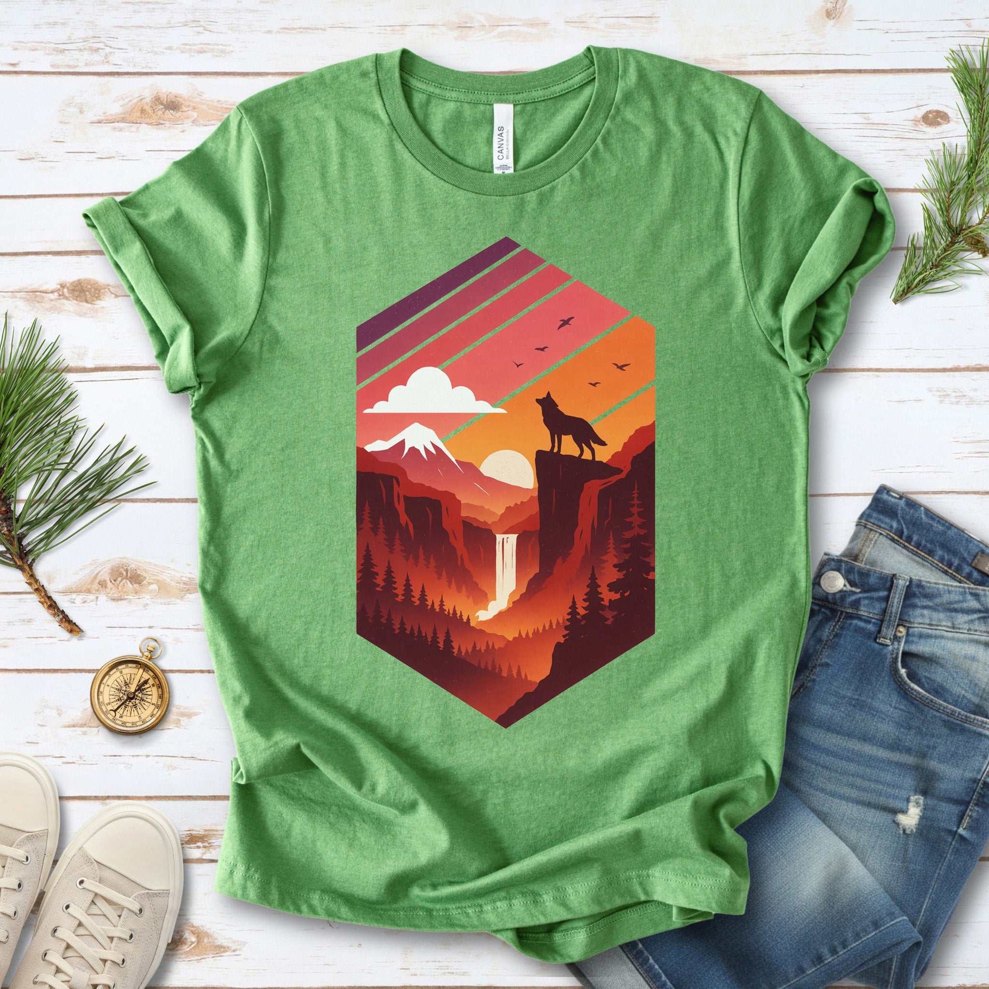 Wolf Sunset T-Shirt – Retro Mountain Wilderness Spirit Tee