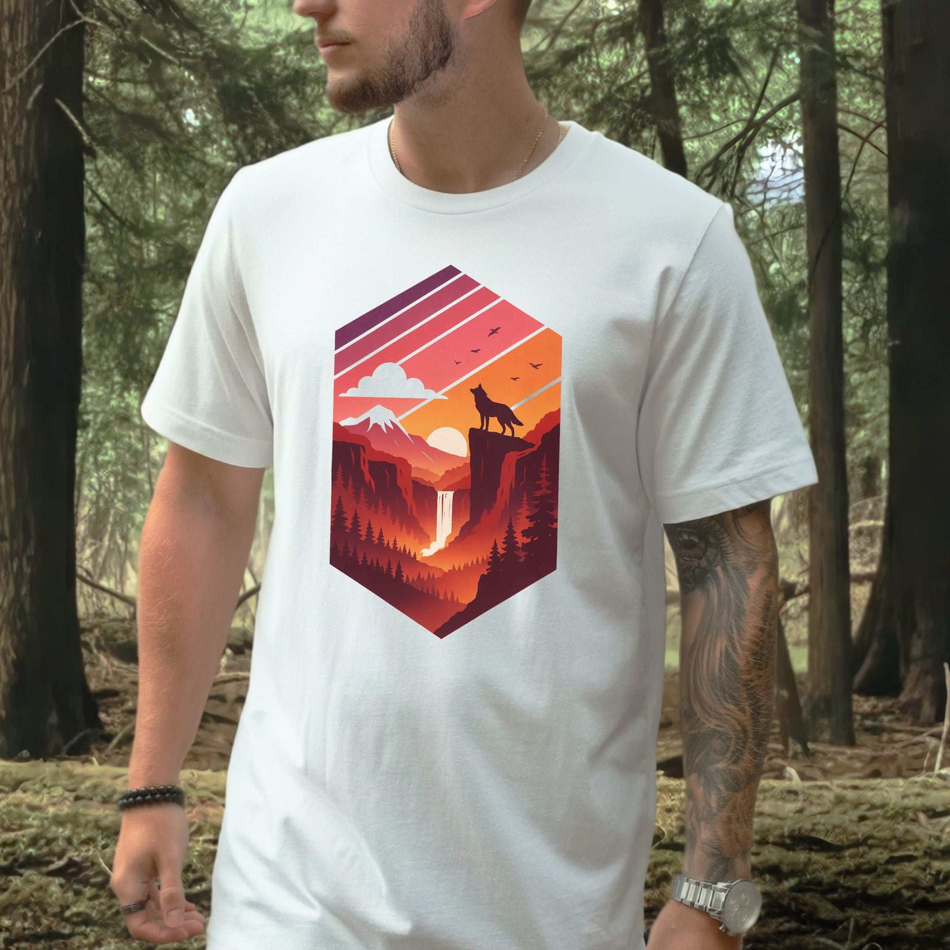 Wolf Sunset T-Shirt – Retro Mountain Wilderness Spirit Tee