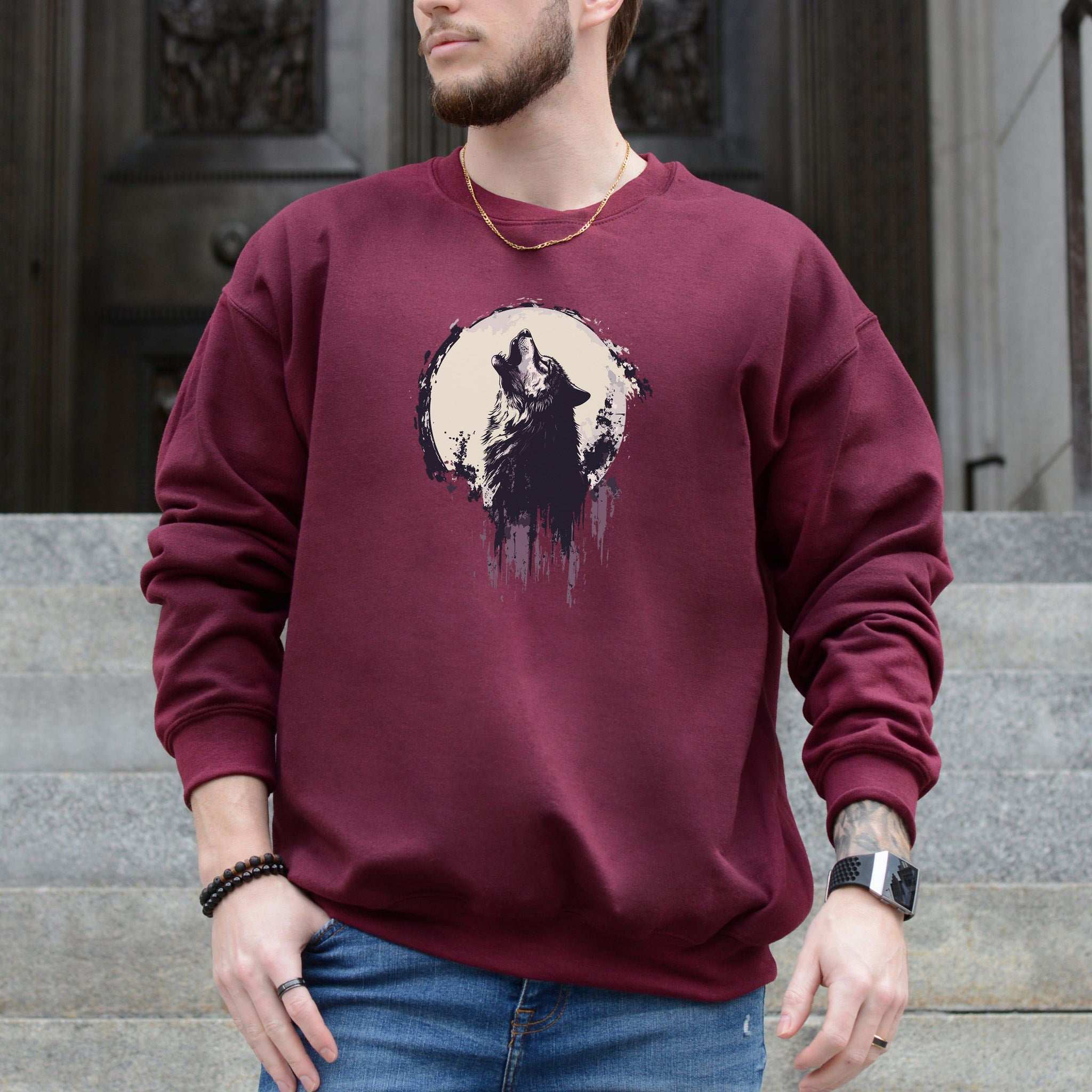 Howling Wolf & Moon Sweatshirt – Wild Spirit Under the Night Sky